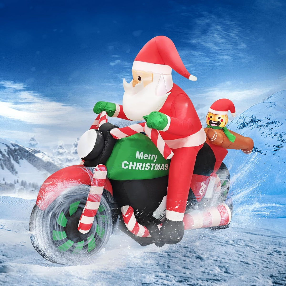 6FT Christmas Inflatable Santa Riding Motorcycle with Gingerbread Man Lighted Blow Up Outdoor Decoration for