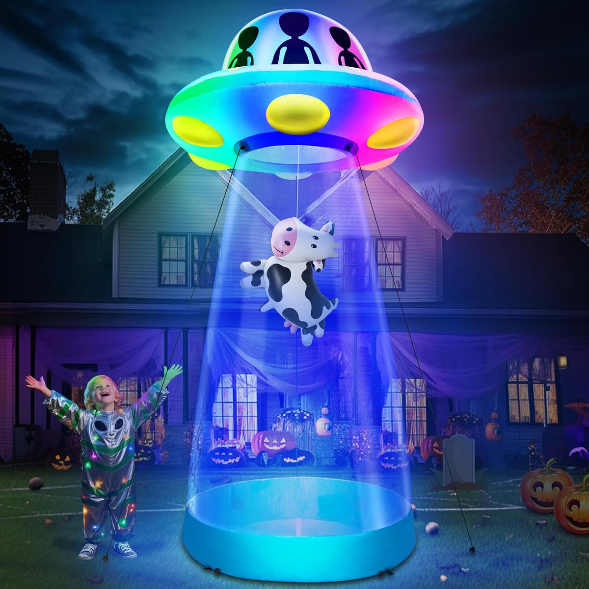 TURNMEON 10 Ft Tall Halloween Inflatable UFO Cow Abduction Decorations / 3-Color Changing LEDs, Built-in Li