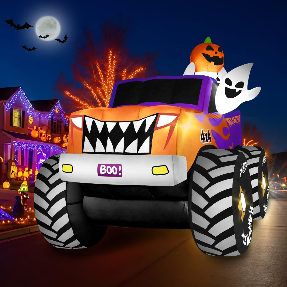 zukakii 8FT Long Halloween Inflatables Decoration Outdoor Monster Truck Car with Ghosts & Pumpkin, Giant