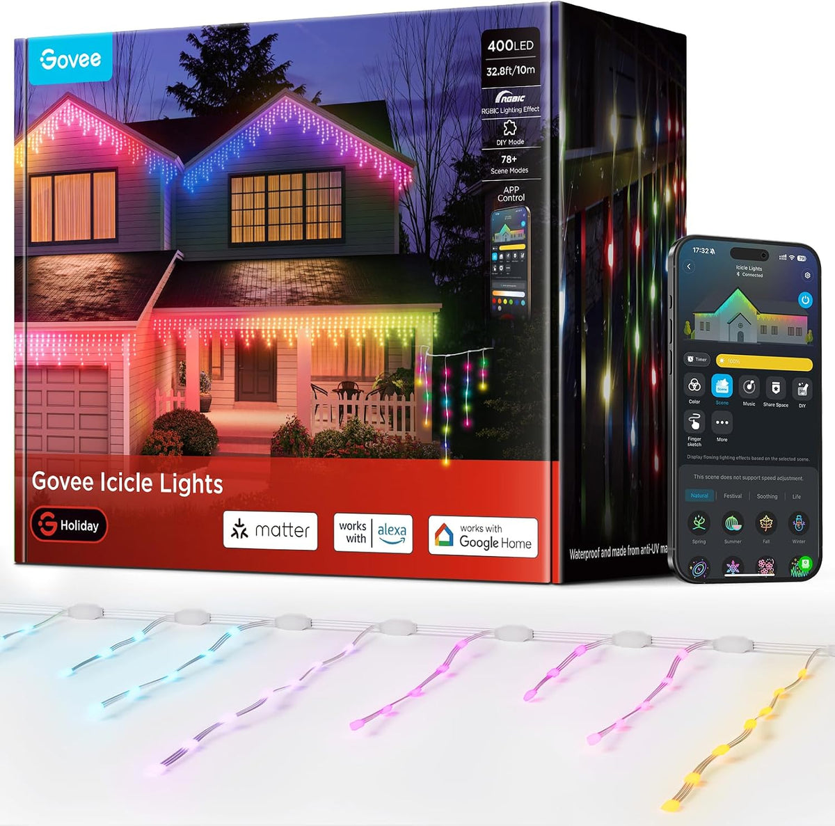 Govee Icicle Lights, Smart RGBIC Christmas Lights for Outside / 33ft with 400 LEDs Icicle Light Outdoor, IP67