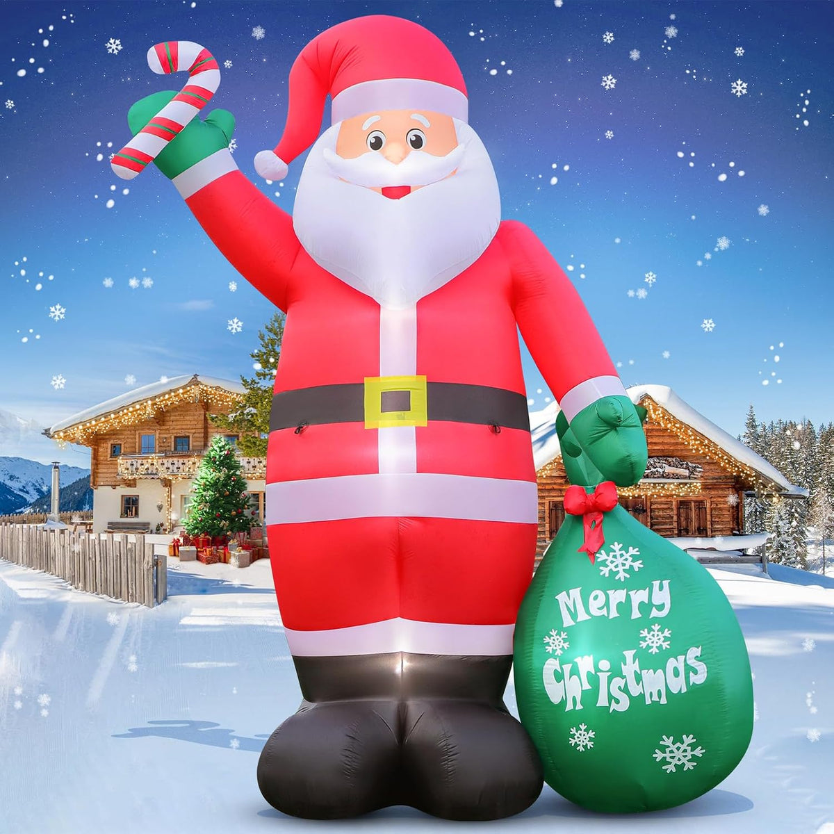 12FT Giant Christmas Inflatable Santa Claus with Cane Candy and Gift Bag Yard Decors, Easy Installation and