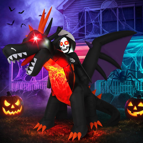 11.5FT Long Animated Dragon & Grim Reaper Halloween Inflatable, Moving Head / 9.2FT Tall, Built-in Rotating