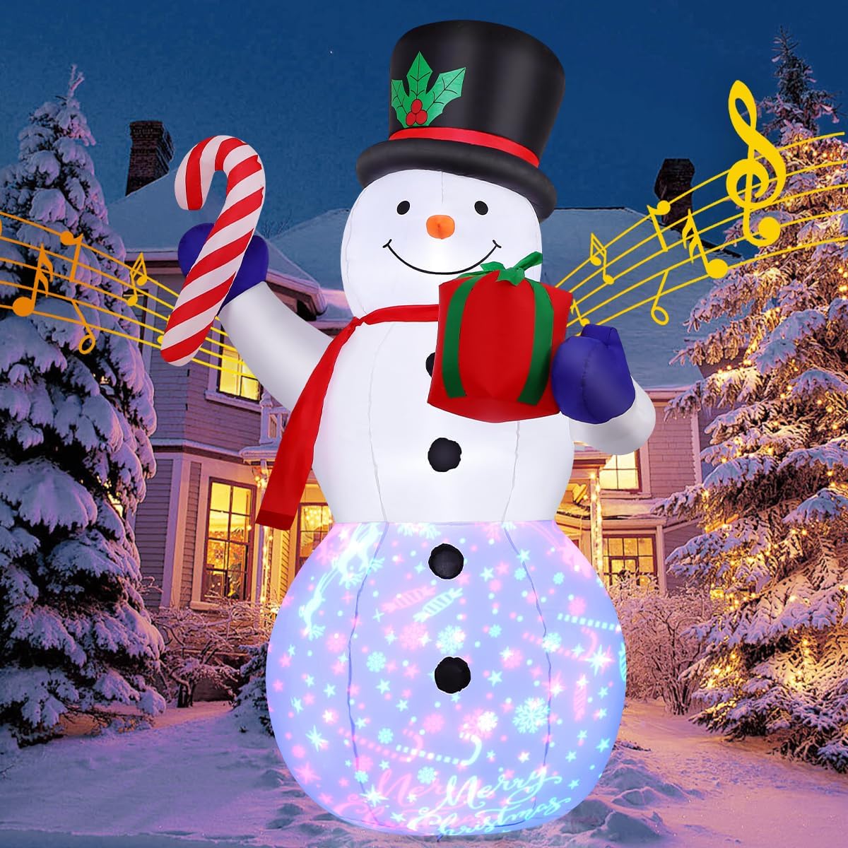 GOOSH 8 FT Christmas Inflatables Snowman and Gift Box with Built-in Music & 360° Rotation Colorful Projector