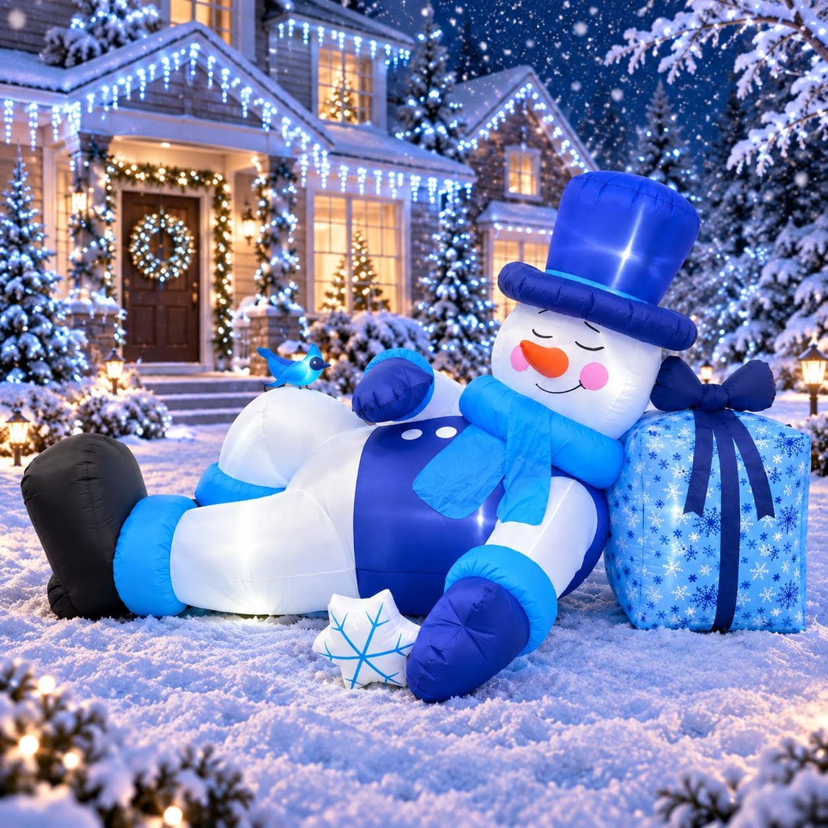 9.8FT Long Christmas Inflatable Reclining Snowman Outdoor Decorations / Laying Pose, Built-In LED Lights,