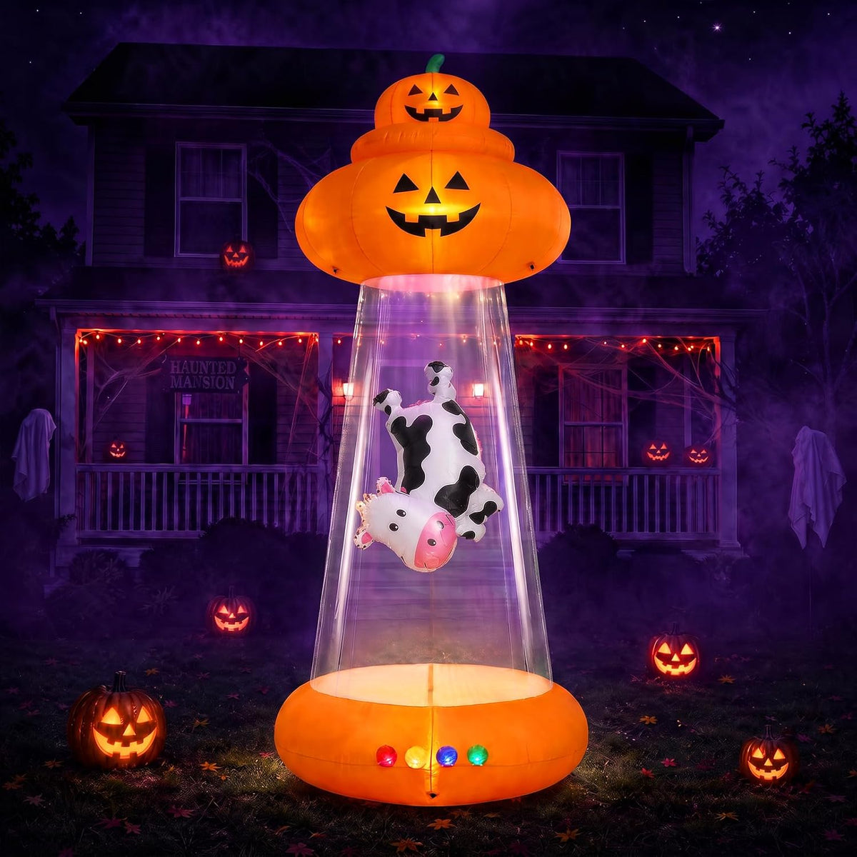 9 FT Halloween Inflatable Pumpkin, UFO Unique Alien Cow Abduction Design / Built-in 10 LEDs, 14.4W Quite