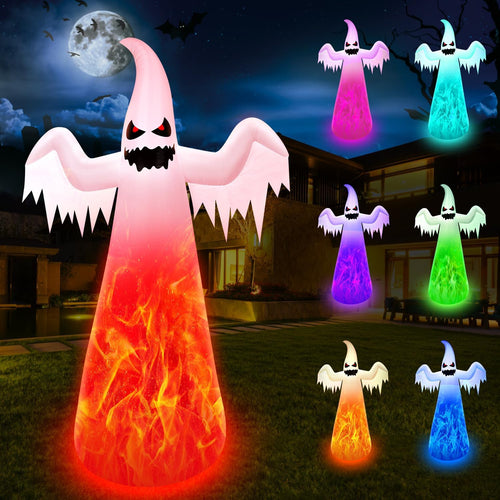 12FT Giant Halloween Inflatables Ghost with 7-Colored Flame Rotation LED Lights, Huge Halloween Decorations