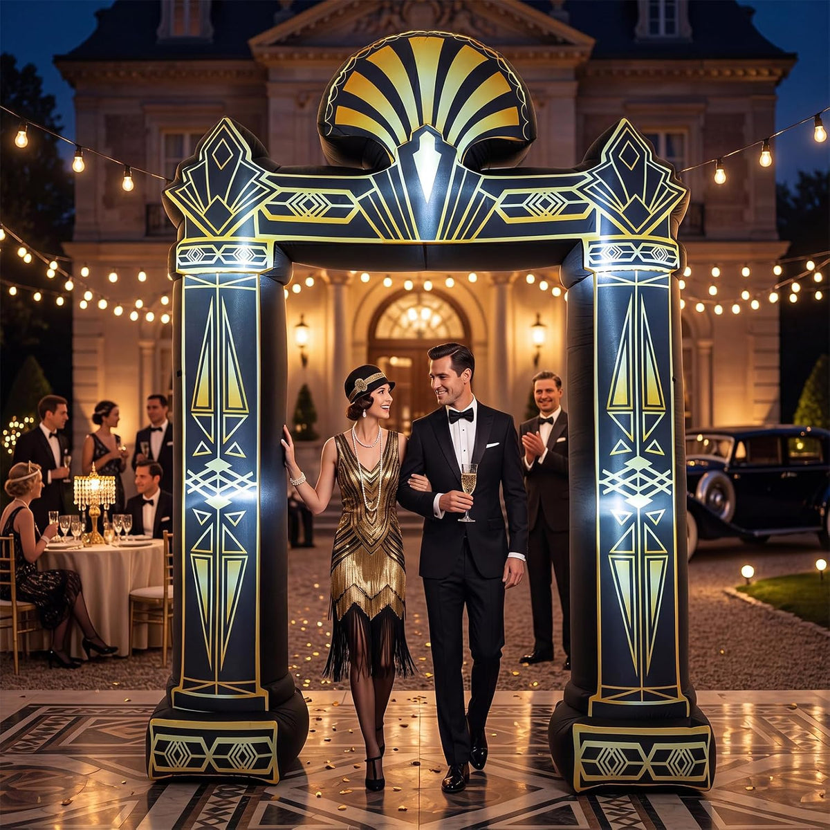 Seenelling Inflatable Arch 1920S Theme Black Gold / 9 Ft Cowboy Horseshoe with LED Lights, Western Party