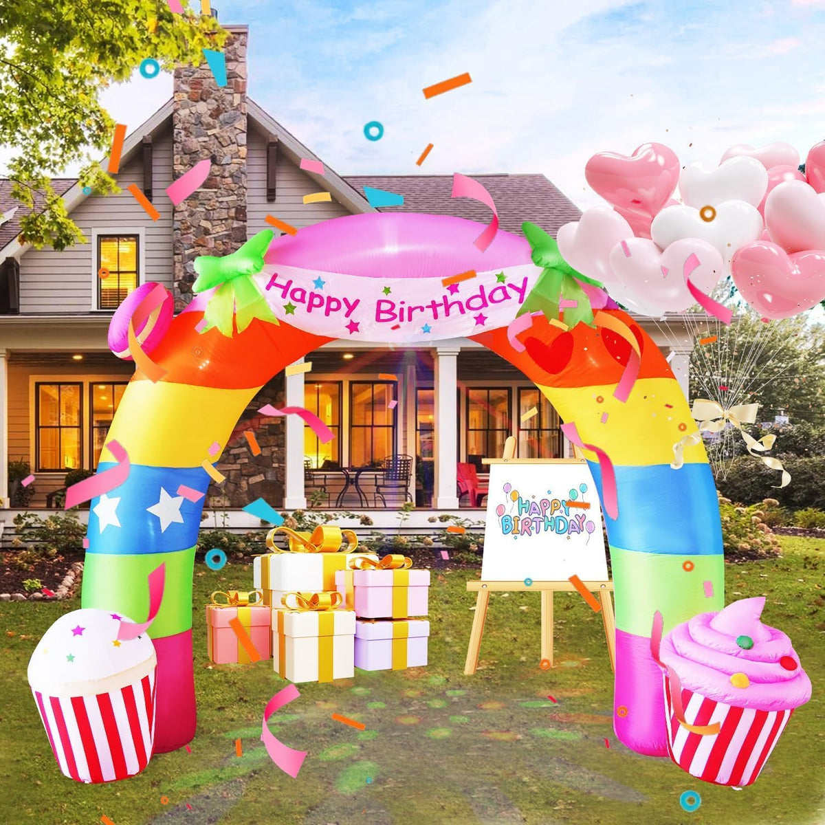 11 FT Inflatable Birthday Archway with LED & Kaleidoscope Lights, Colorful Rainbow Blow Up Archway for Indoor