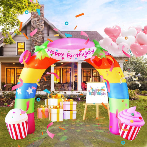 11 FT Inflatable Birthday Archway with LED & Kaleidoscope Lights, Colorful Rainbow Blow Up Archway for Indoor
