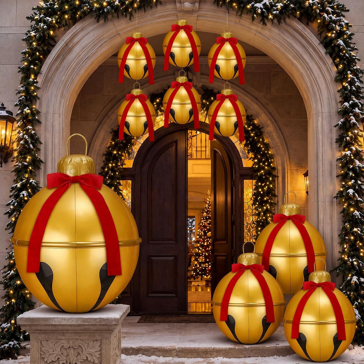 Jetec 10pcs Inflatable Christmas Ball with Bow 24 18 12'' Giant Jingle Bell / 15 Inch Red Bows, Christmas