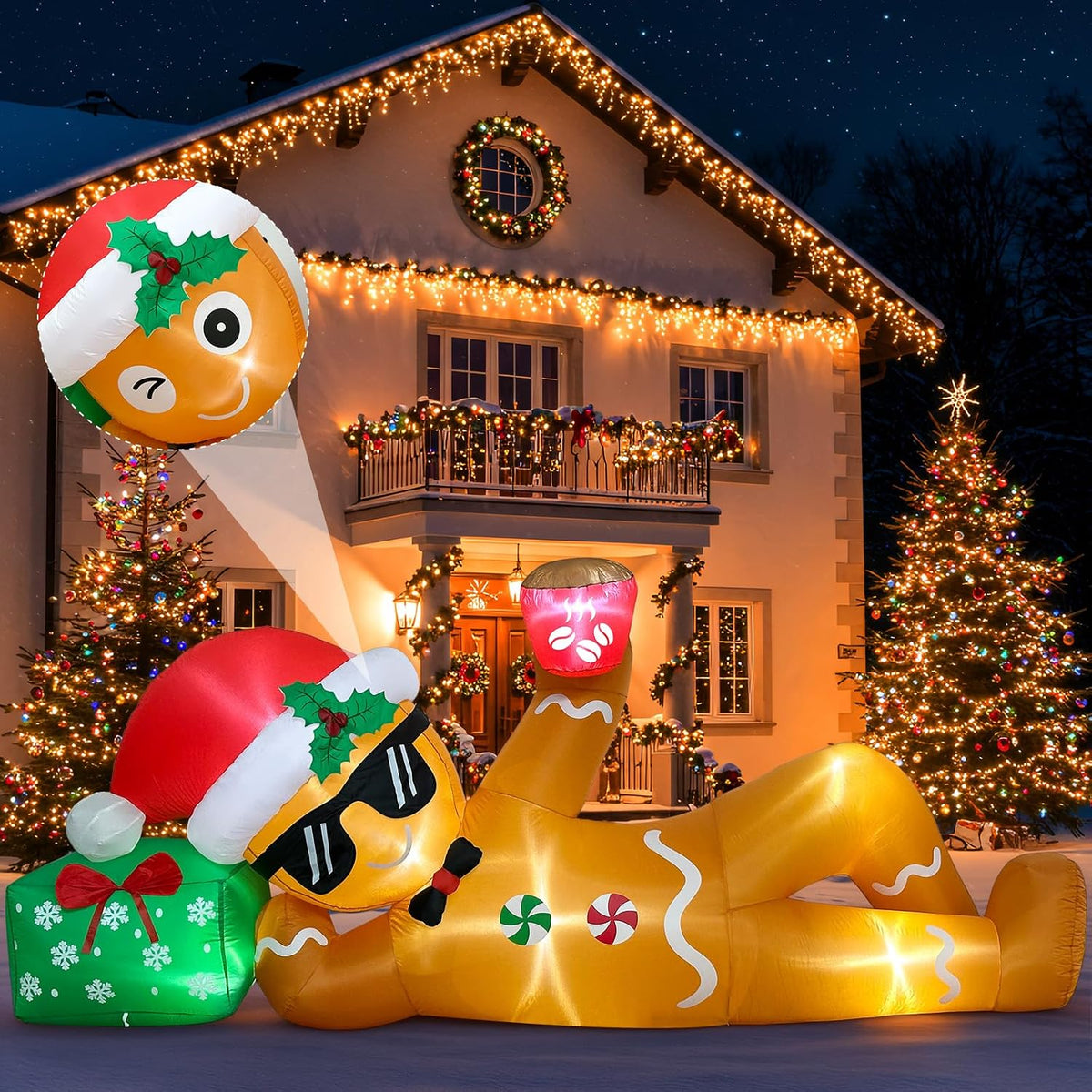 OurWarm 10FT Christmas Inflatables, Funny Gingerbread Christmas Decorations / Lounging Gingerbread Inflatable