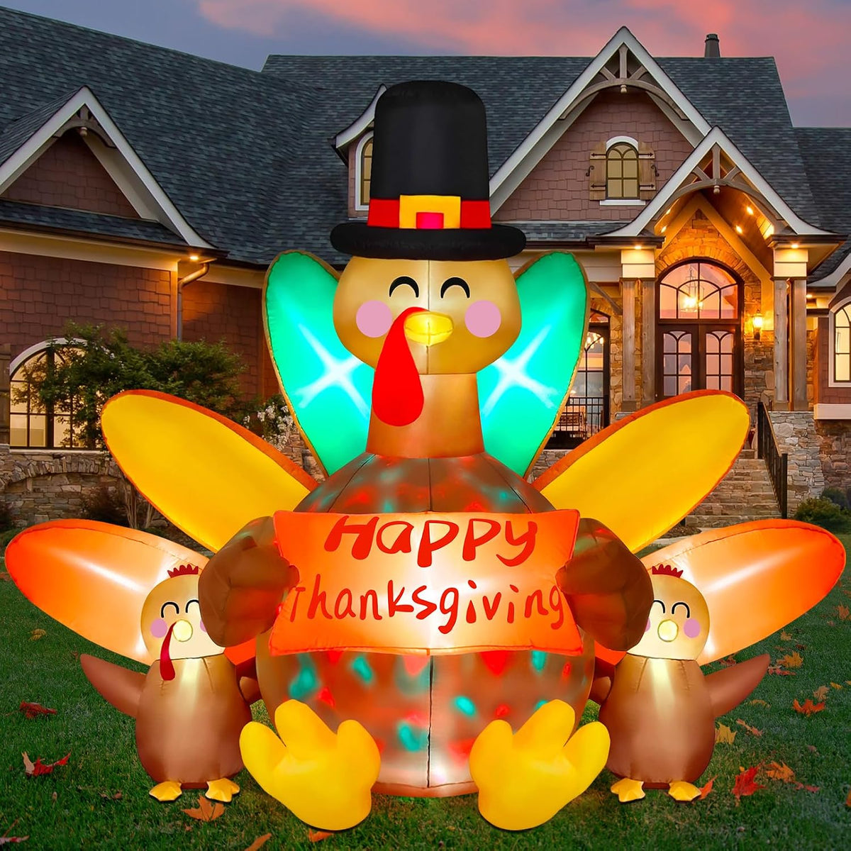 Danxilu 8FT Long Thanksgiving Inflatable Turkey Decoration with LED Lights / Blow up Decor with Chick and