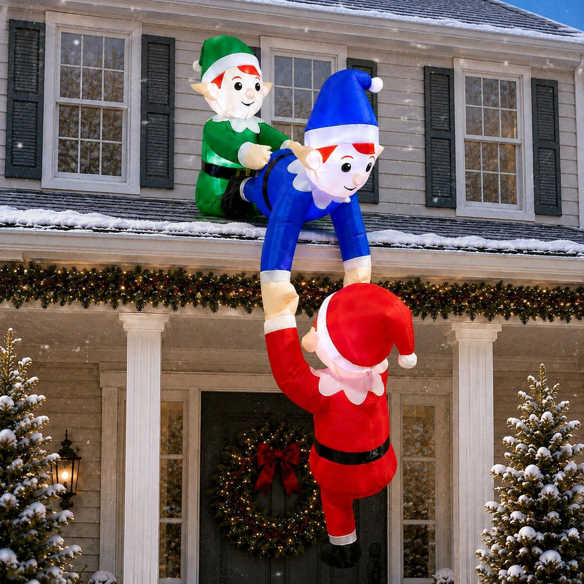 7FT Christmas Inflatable 3 Climbing Elves Blow Up Decorations with LEDs / Christmas Hanging Display,
