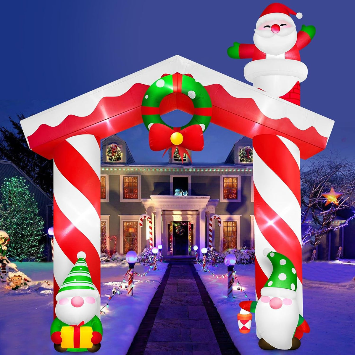 Danxilu 10FT Christmas Inflatable Gnomes and Santa Arch Outdoor Decoration / Cute Blow Up Yard Decor,