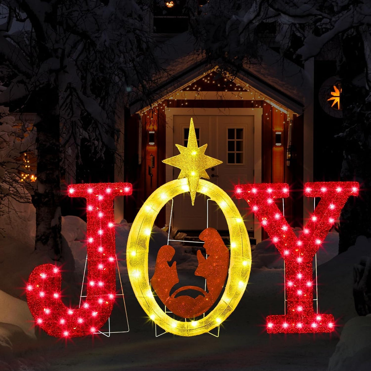 3 Pcs 35 Inch Outdoor Joy Christmas Nativity Scene Decorations w/ 110 LED Lights - Lighted Nativity Yard Sign