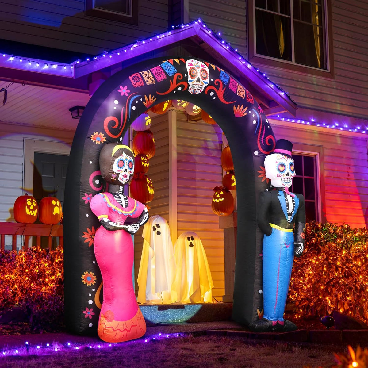 Kitticcino Day of the Dead Inflatable 8 FT Halloween Inflatables Sugar Skull Couple Archway Built-In LED