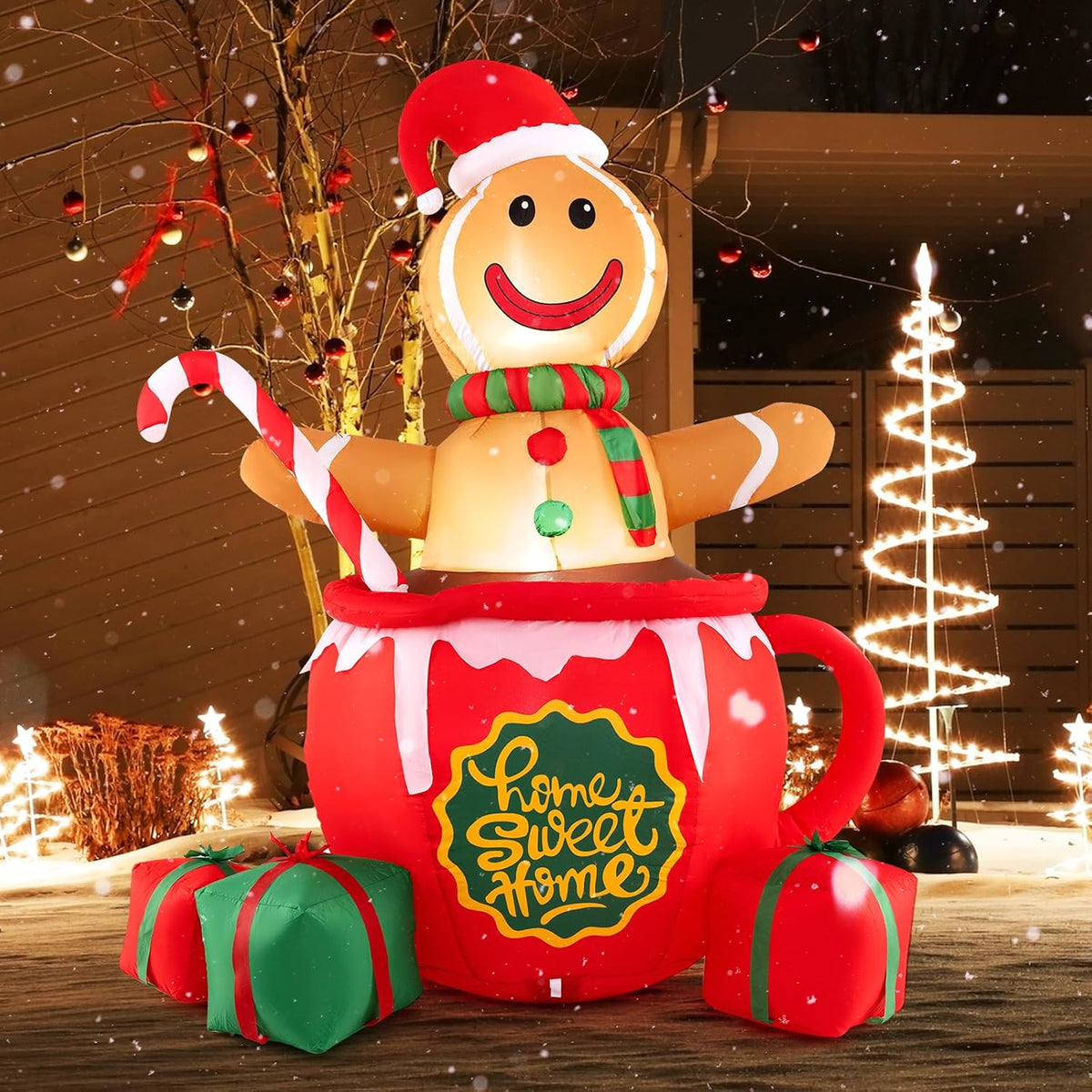 Tangkula 7 FT Christmas Inflatable Gingerbread Man in Hot Cocoa Mug, Christmas Blow up Yard Decoration with