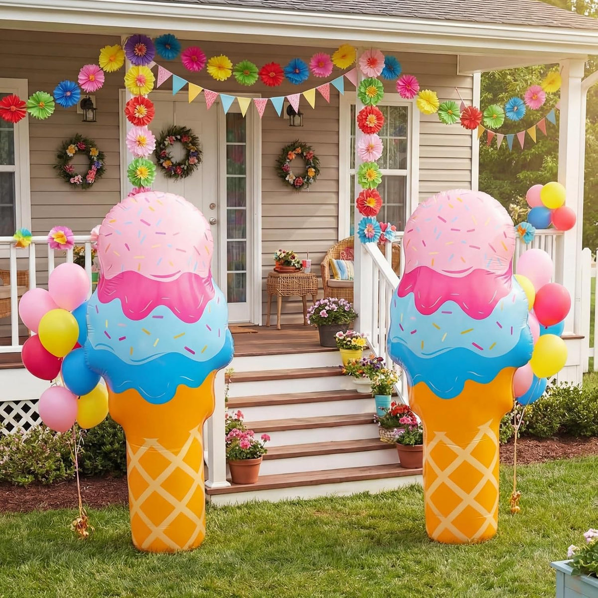 2 Pcs 80 Inch Giant Inflatable Ice Cream Cone Stand & Pool Floating Decor 2 in 1 for Party Decor, Stand-up