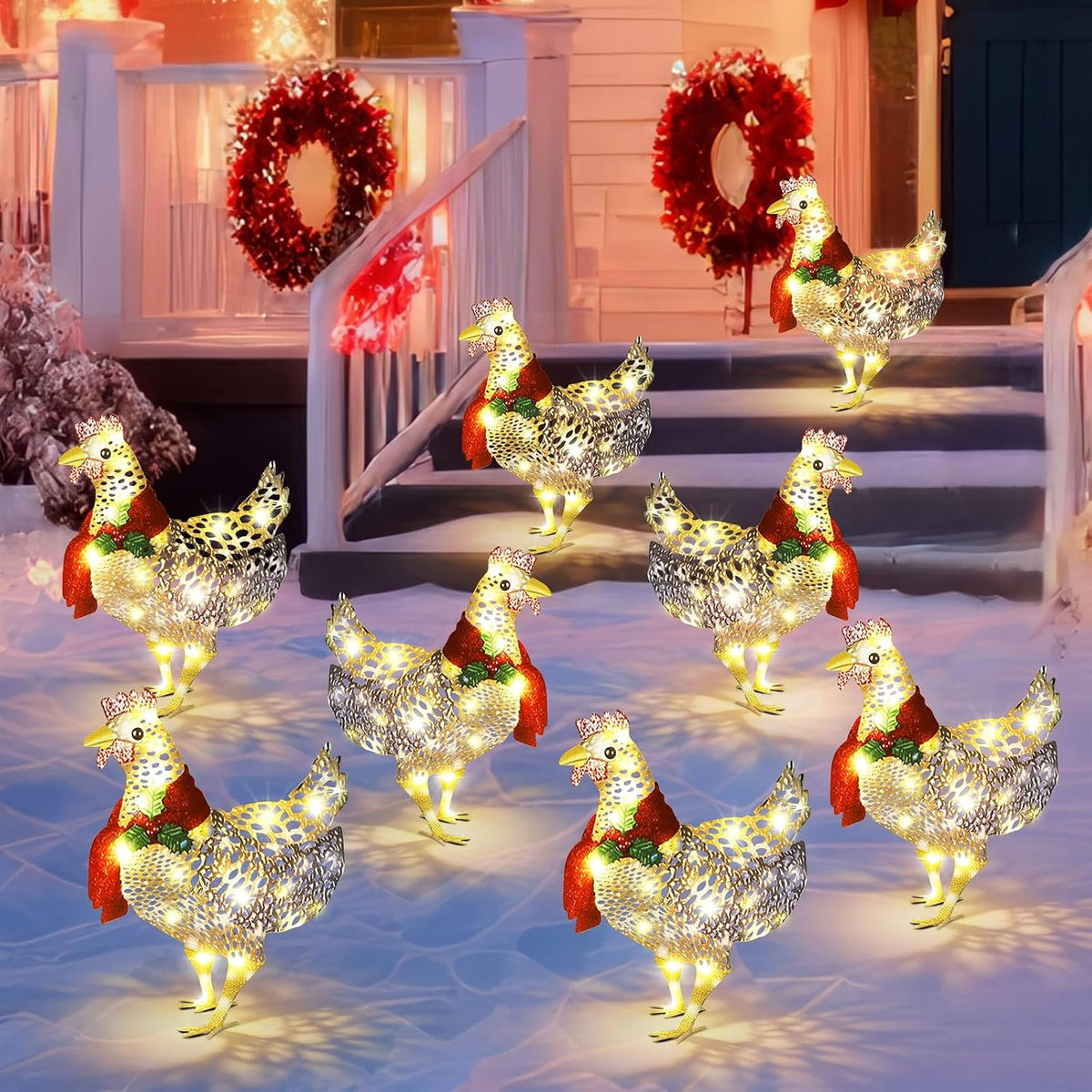 Shellwei 8 Pcs Chicken Light up Chicken with Scarf Christmas Decoration / Metal Chicken Ornaments with 60 LED