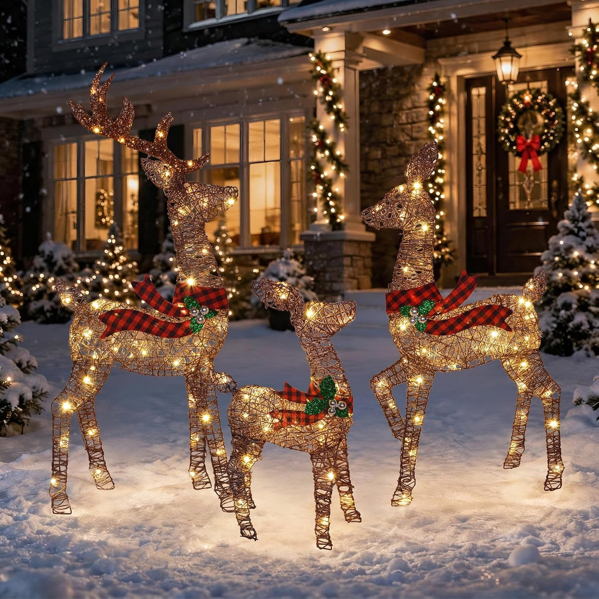 3-Piece 3D Lighted Christmas Deer Family Set, 146 Warm White LED Reindeer Decorations Outdoor, 52" Large Gold Christmas Ya...